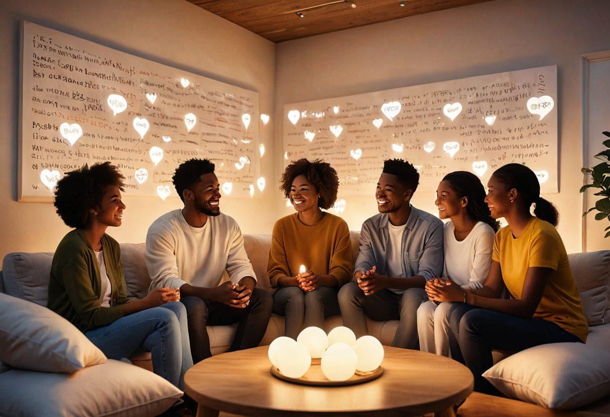 A diverse group of people sitting together in a cozy virtual space, sharing their thoughts and emotions, with warm colors that convey comfort and support. The background displays digital chat bubbles filled with words of encouragement and empathy. Soft lighting envelops the scene, creating an inviting atmosphere that fosters connection. Include elements like heart emojis and supportive hands coming together. super-realistic. warm colors. 3D.