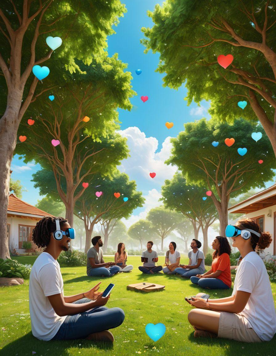 A serene virtual community space with diverse people engaging through digital devices, surrounded by calming nature elements like trees and a clear sky. The scene should radiate warmth, showing emotional support through chat bubbles, hearts, and friendly smiles. Incorporate elements like virtual reality headsets and colorful avatars, emphasizing connection and well-being. super-realistic. vibrant colors. inviting atmosphere.