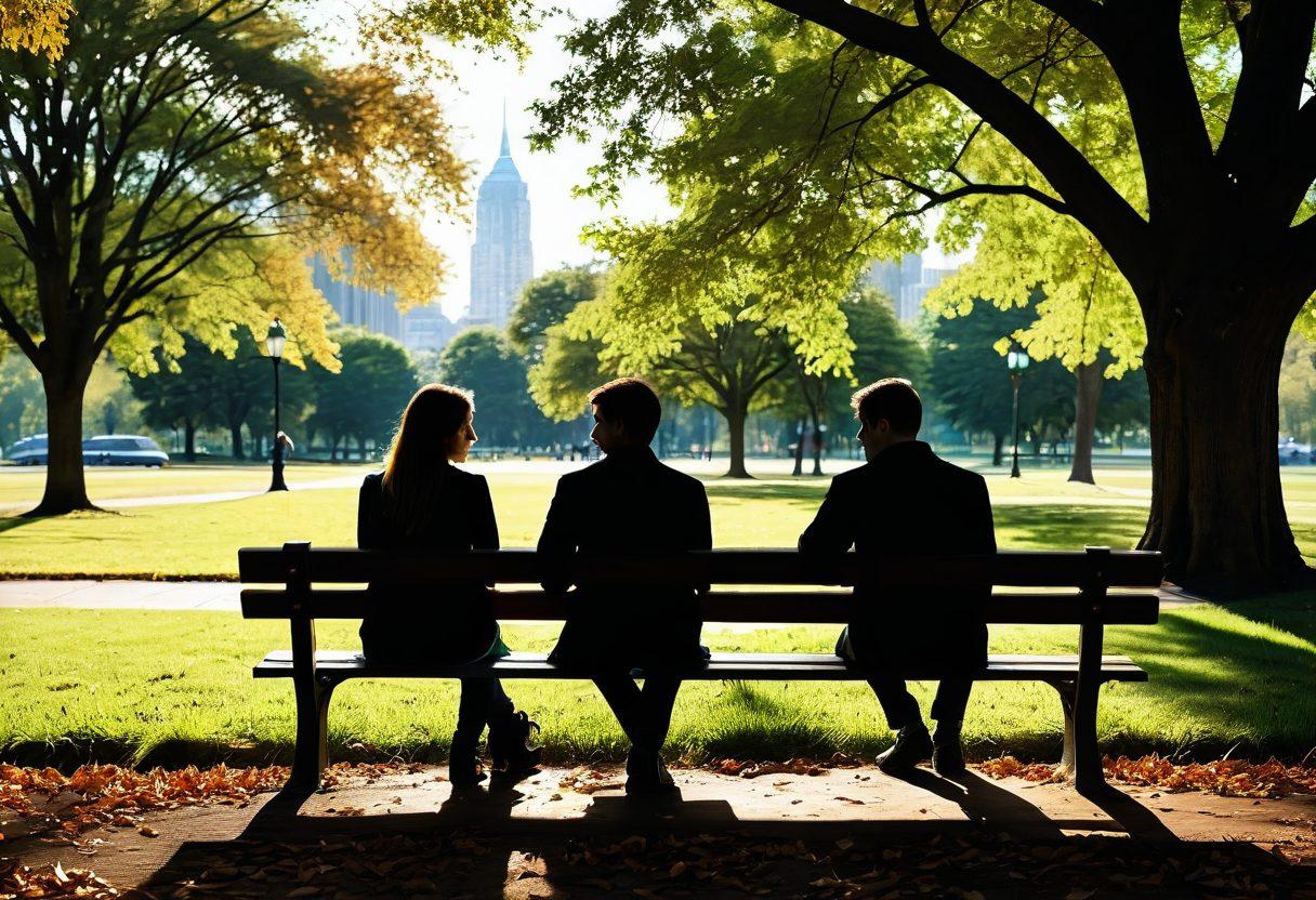 A soft, warm scene depicting two people sitting on a park bench, sharing a heartfelt conversation, surrounded by lush greenery and gentle sunlight filtering through the trees. The expressions of empathy and understanding on their faces convey connection in times of sorrow. Include elements like a distant silhouette of a city, symbolizing the world outside, and a few fallen leaves to represent life's challenges. super-realistic. warm colors. soft focus.